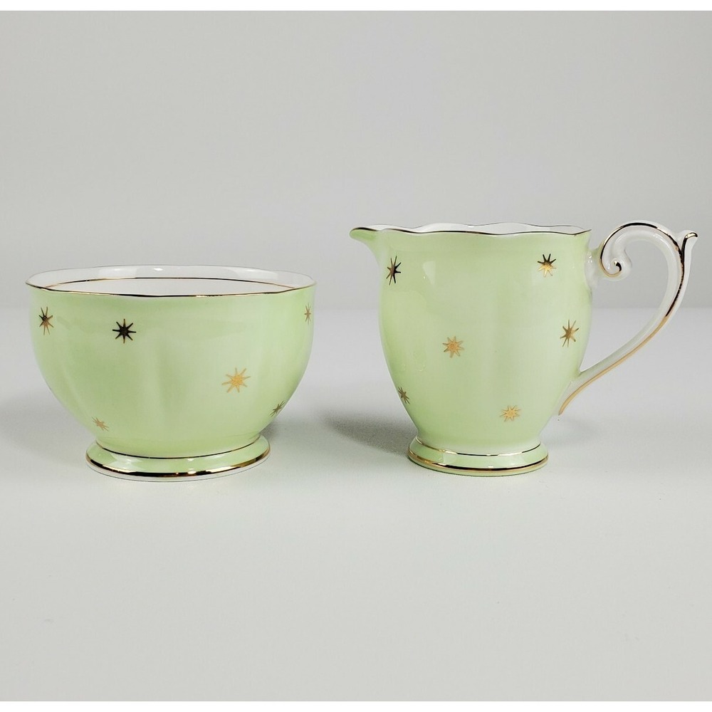 Vtg  Queen‎ Anne Pole Starburst  MCM Midcentury Footed Sugar Creamer Green Gold